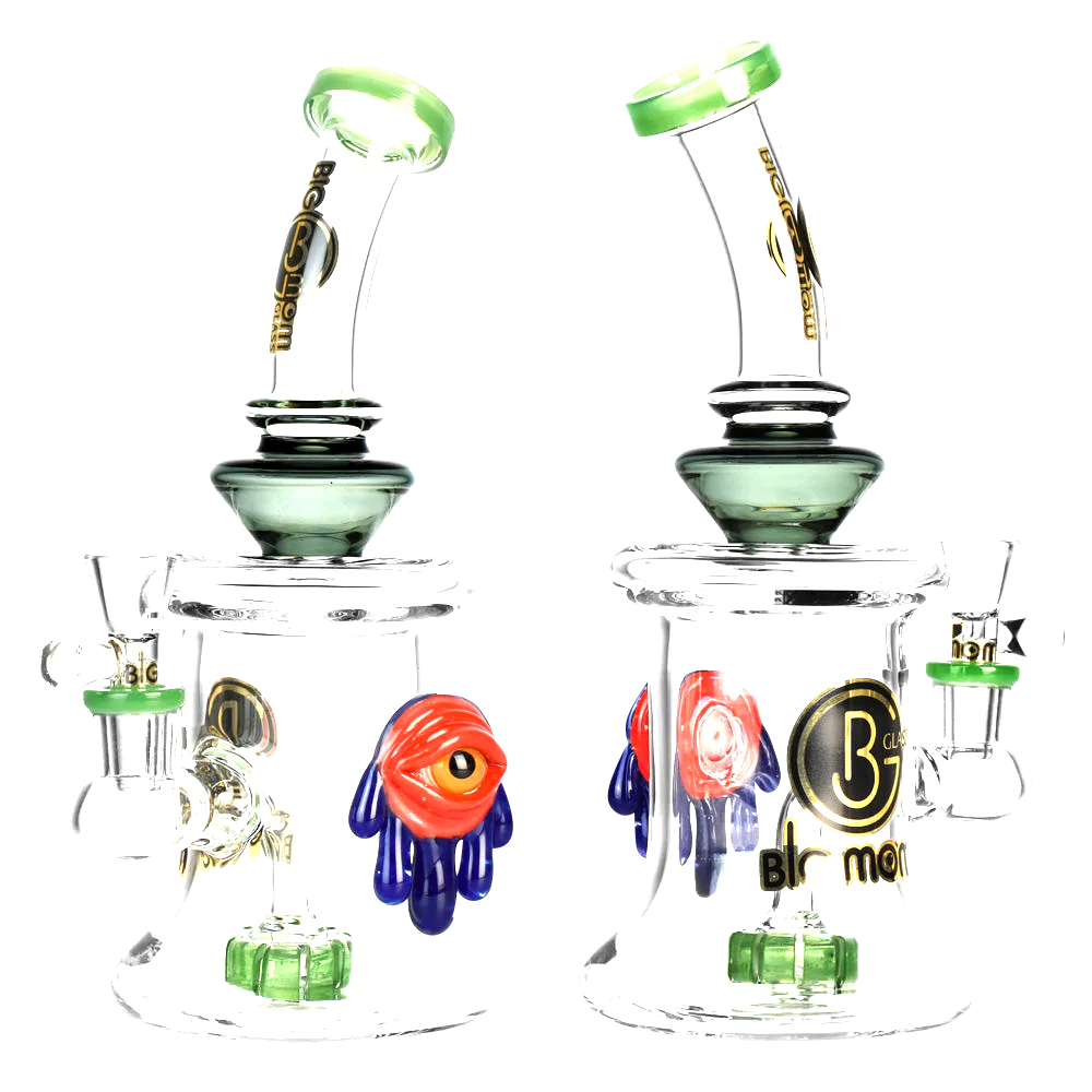 Big Mom Glass Melting Eye Water Pipe, 9.5" with Showerhead Percolator, Front and Angle View