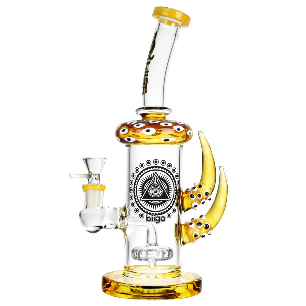 BIIGO Infinity Eye Water Pipe, 11.25" tall with intricate eye design, includes percolator and 14mm bowl, front view