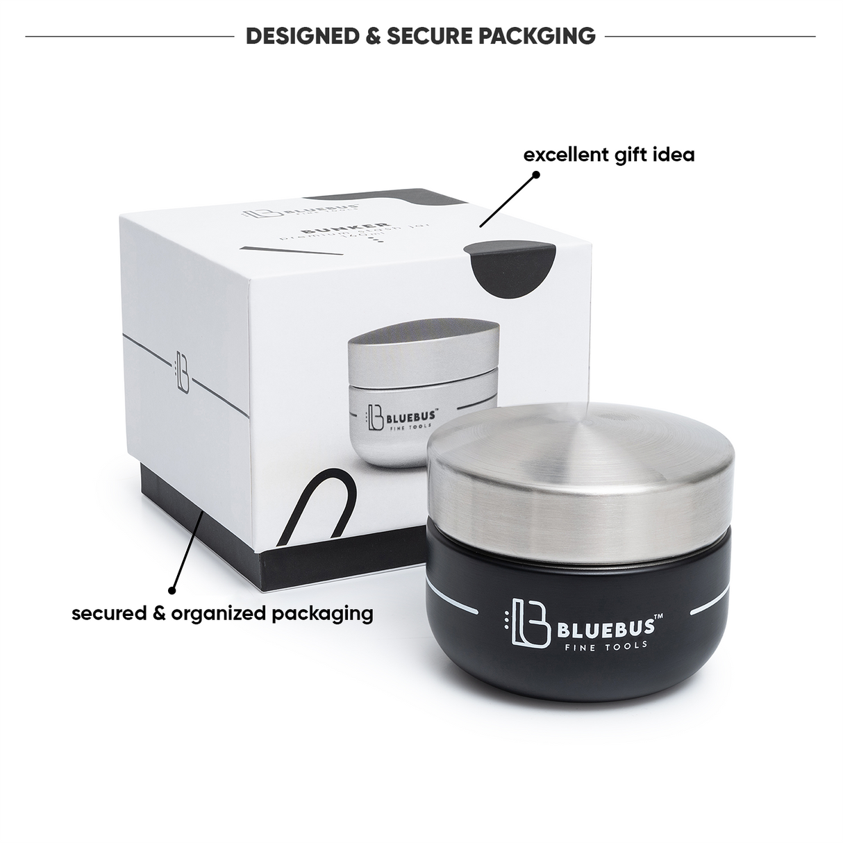 BUNKER Airtight Stash Jar by Blue Bus in Black - Compact and Portable with Secure Packaging