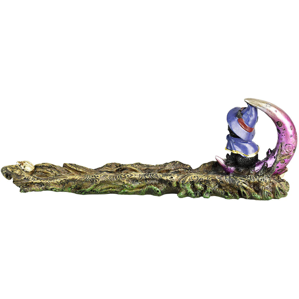 Black Magic Cat Polyresin Incense Burner, 11.5" length, with mystical design - Front View
