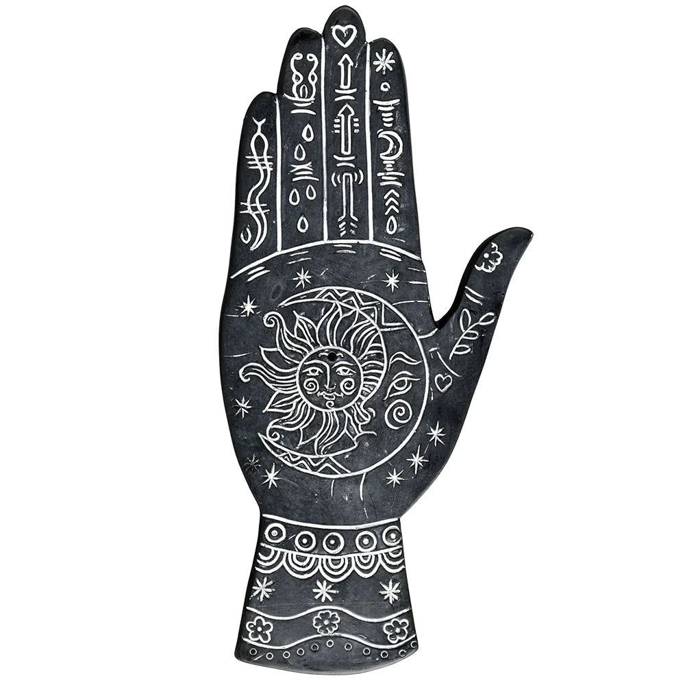 Black Palmistry Polyresin Incense Burner with Mystical Symbols, Front View