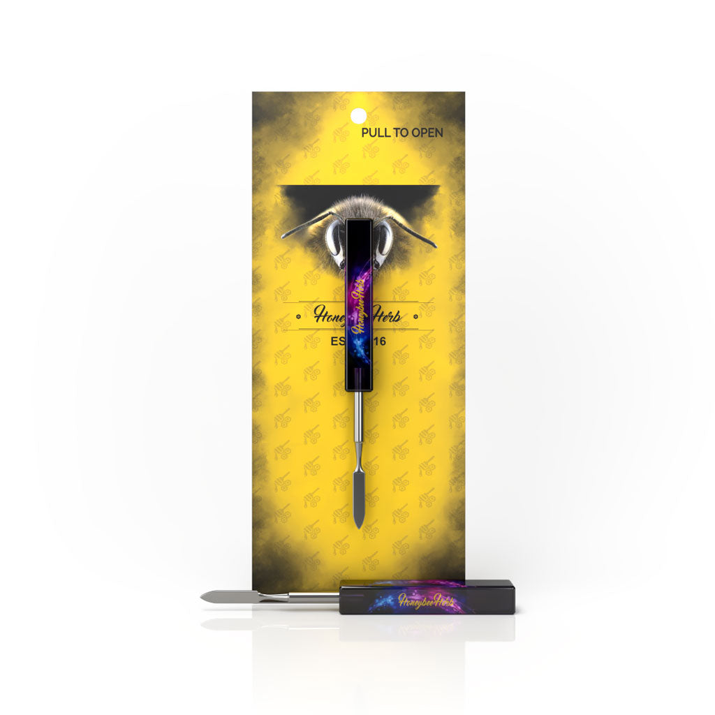 Honeybee Herb Resin Galaxy Dab Tool with sleek design, front view on branded packaging