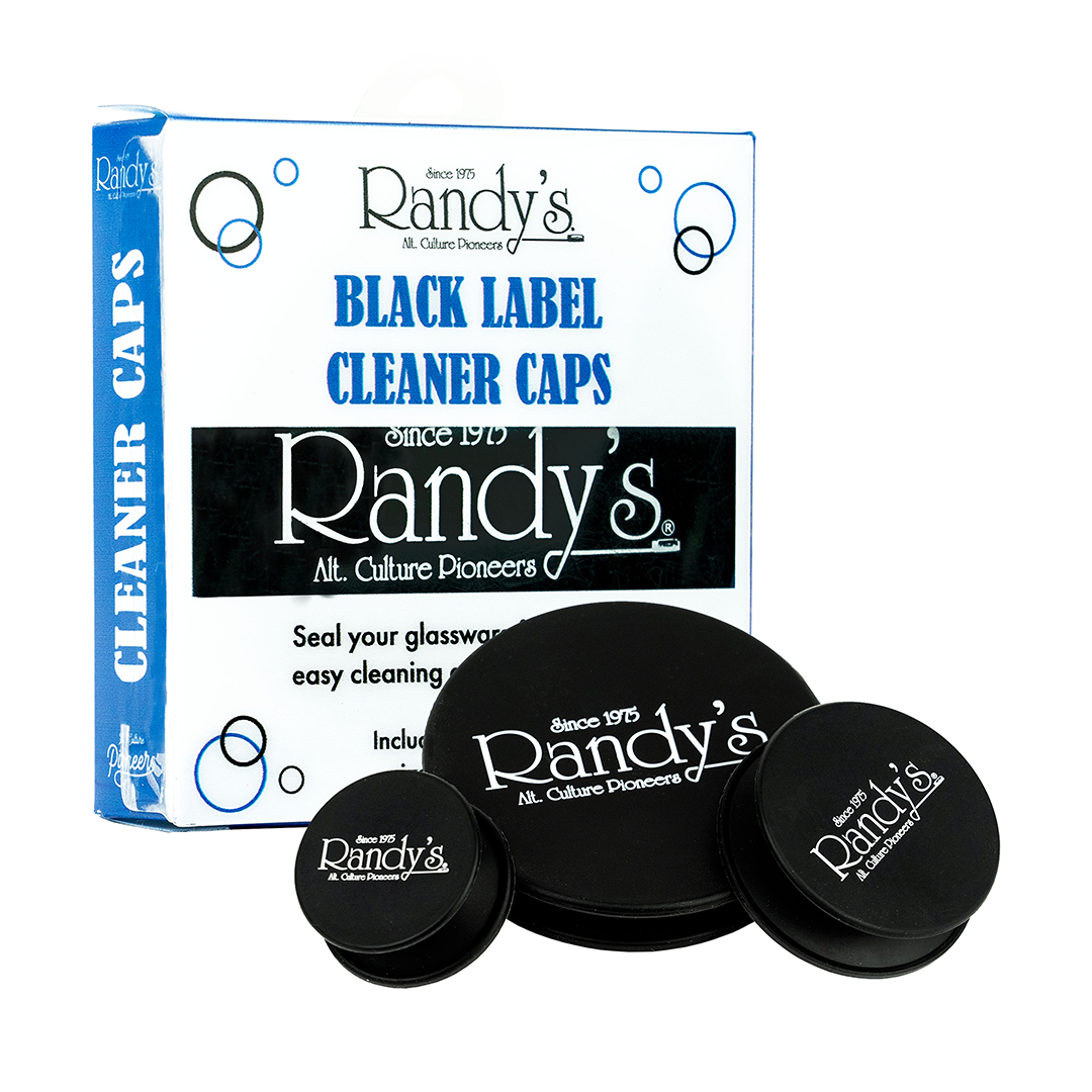 Randy's Black Label Cleaning Caps front view with box, ideal for sealing glassware for thorough cleaning