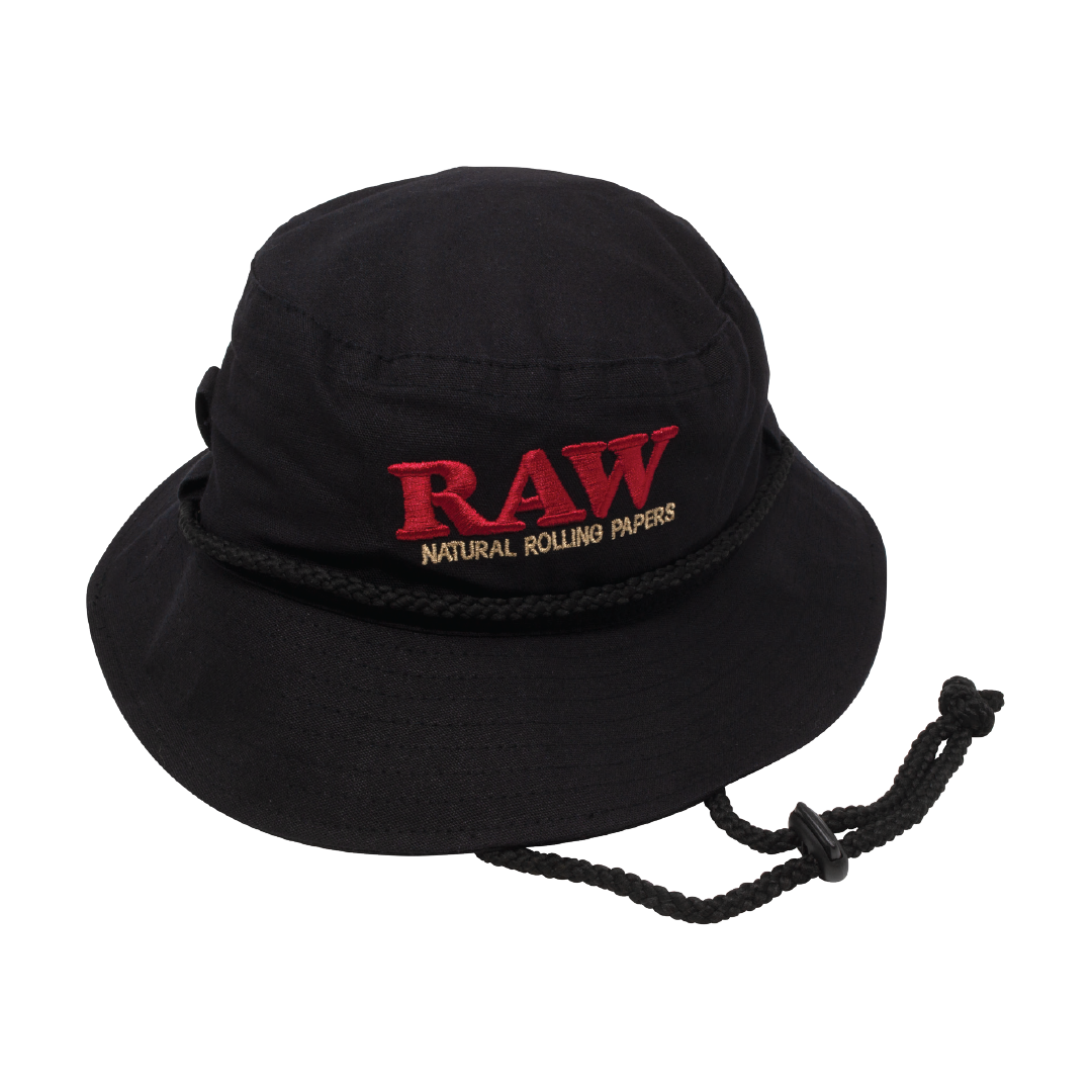 RAW Black Bucket Hat with red logo, front view on a white background, adjustable string for comfort