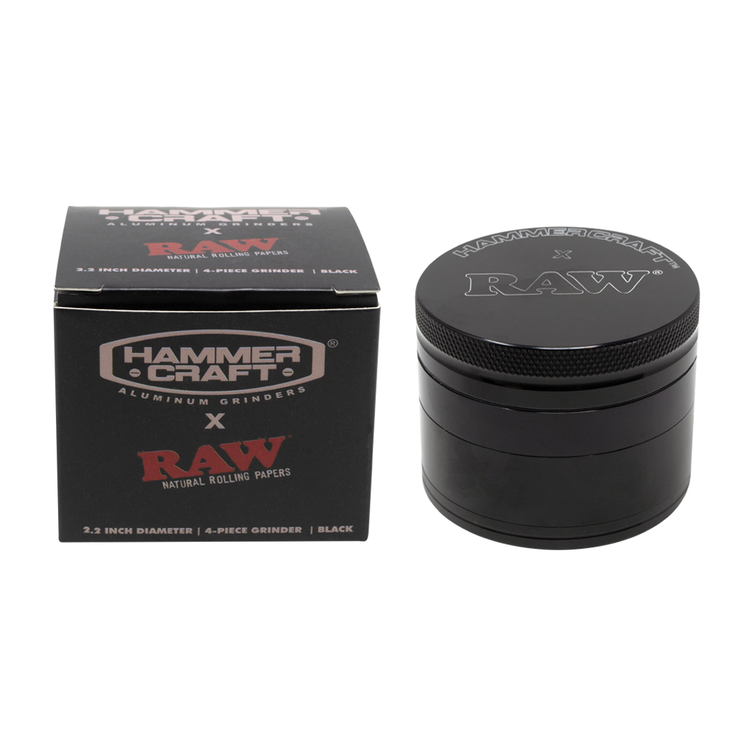 RAW x Hammercraft 2.2" Black Compact Herb Grinder with Pollen Catcher beside its box