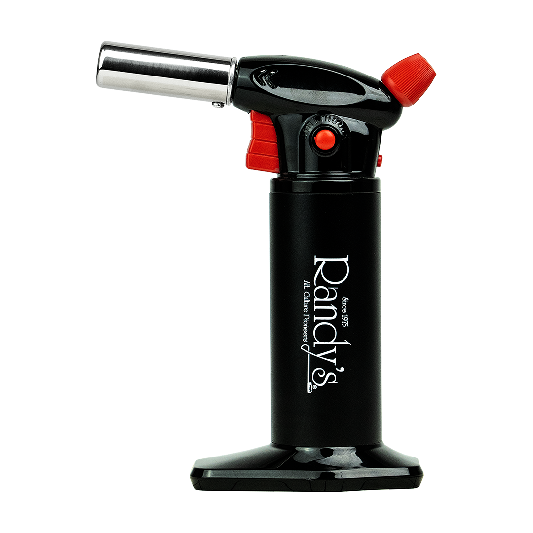 Randy's Black Butane Torch with Lock Feature - Front View on Seamless White Background