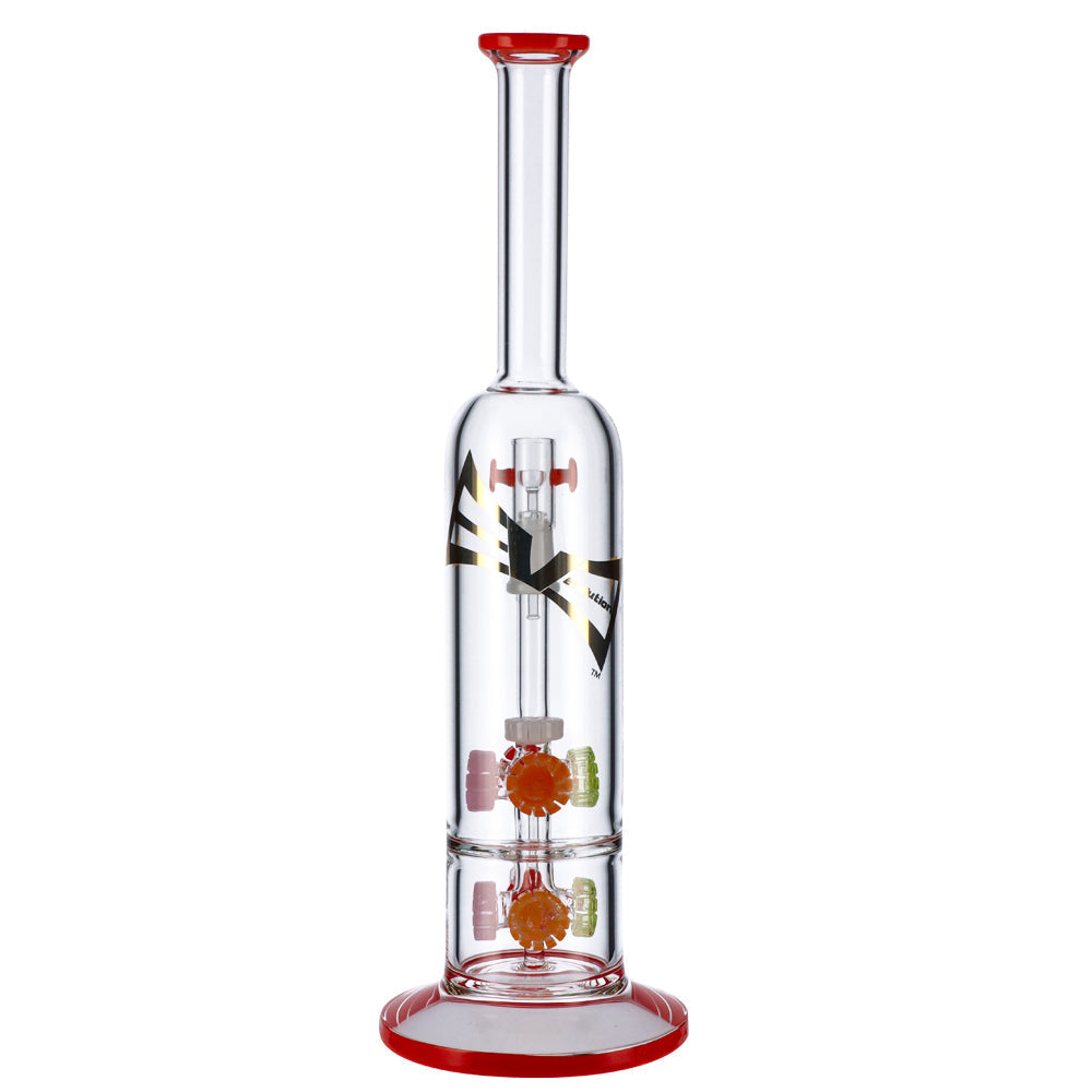 EVOLUTION 14.5" Blaze Perc Dab Rig Double Quad Percs, Clear Glass with Red Accents, Front View