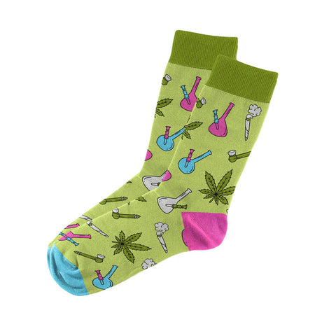 Blazing Buddies green socks with cartoon water pipes and leaves design, cotton blend, medium size