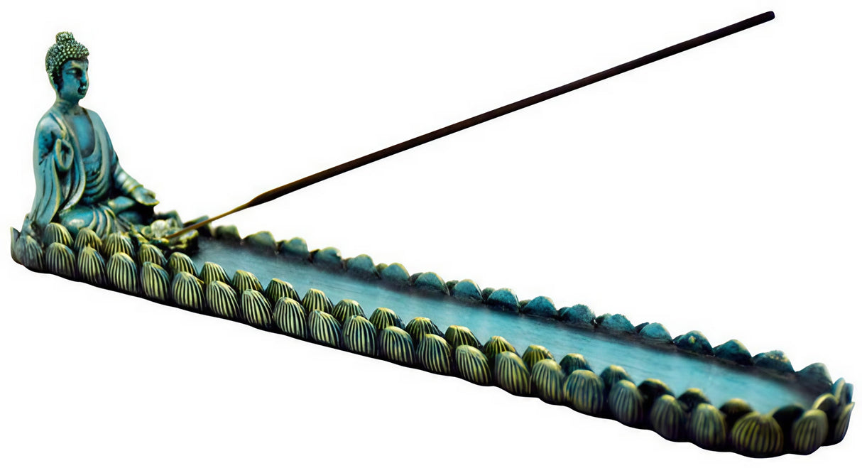 Ceramic Blue Buddha Incense Burner with intricate design, ideal for dry herbs, side view.