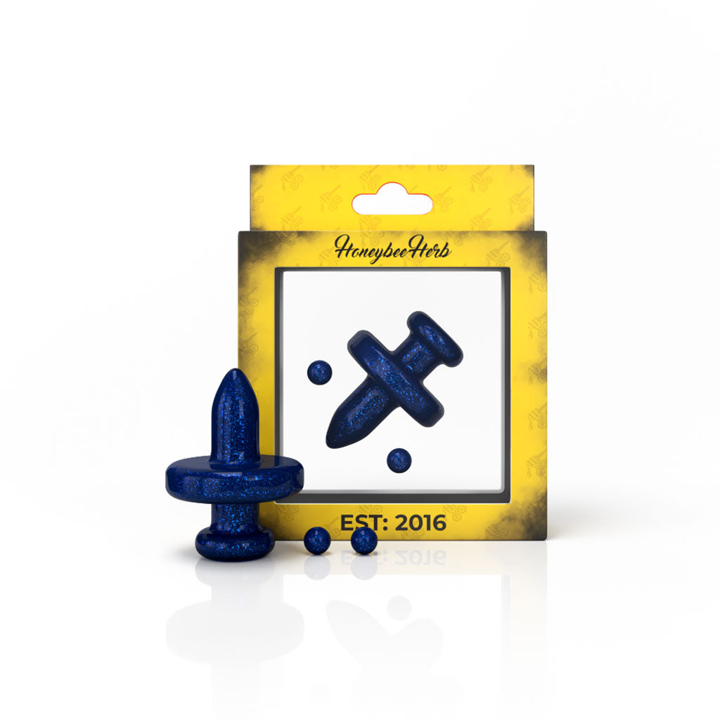 Honeybee Herb Galaxy Top Control Tower Cap in blue for dab rigs, front view on white background