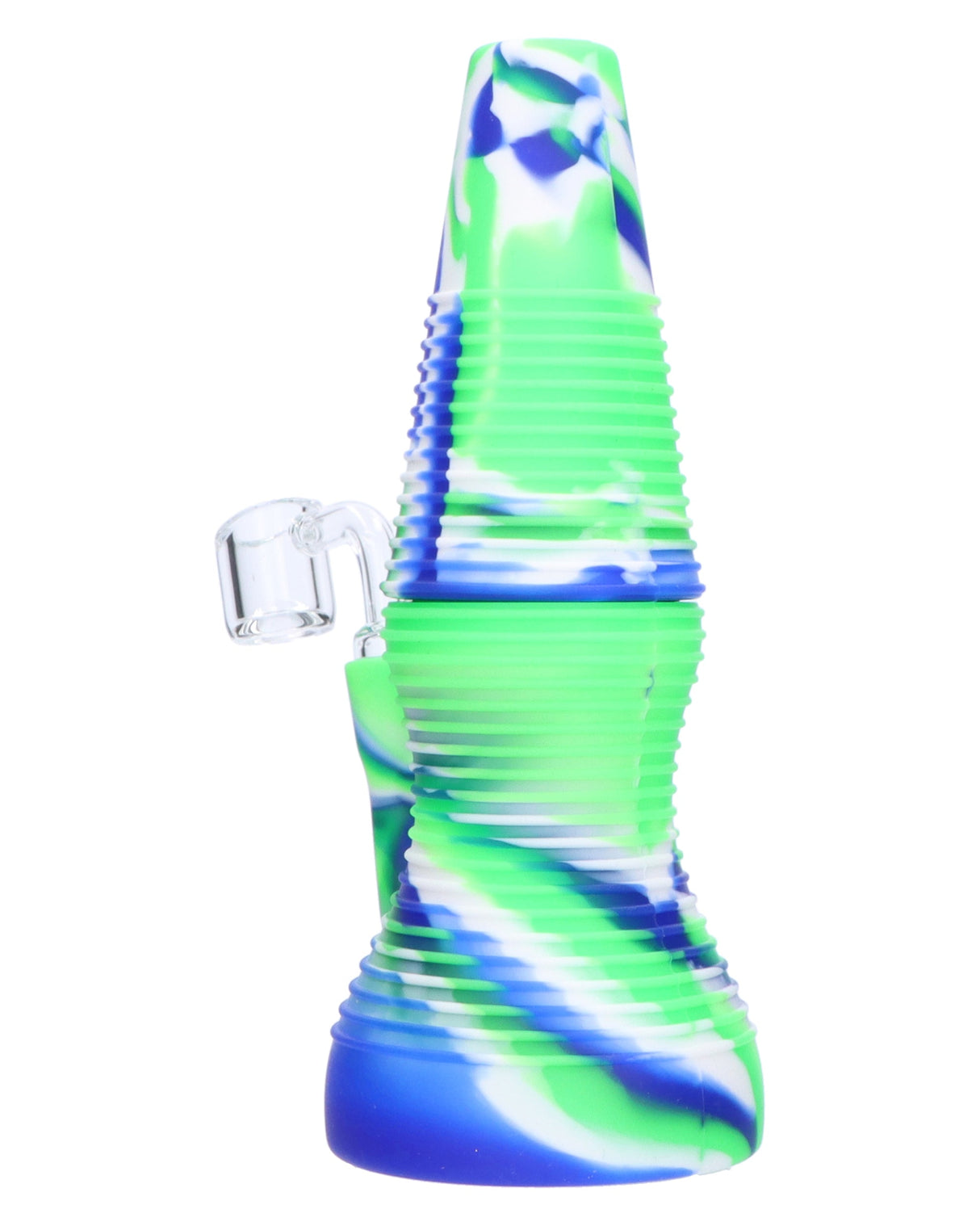 Compact 8" Blue Dreamer Silicone Dab Rig with Quartz Banger, Blue & Green Design, Front View