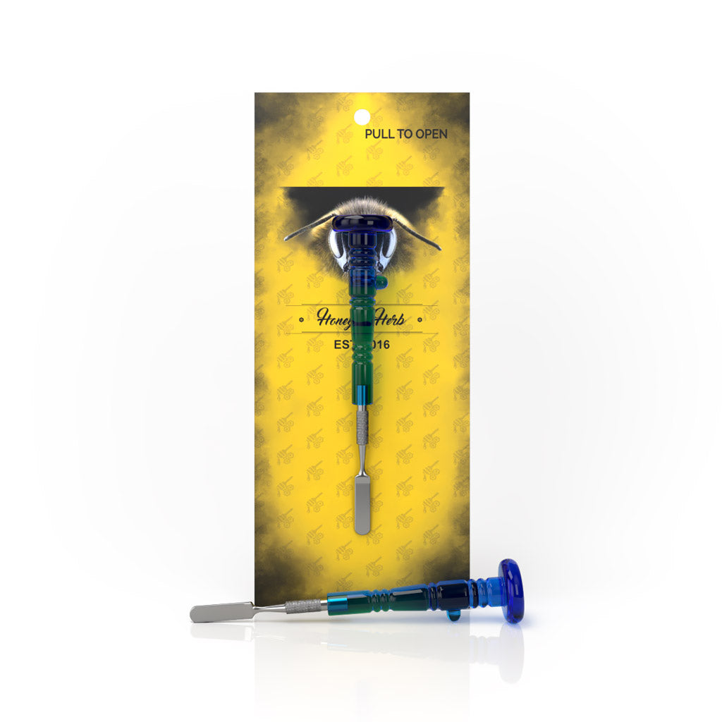 Honeybee Herb Delight Dab Tool in Blue with sleek design, displayed on vibrant packaging