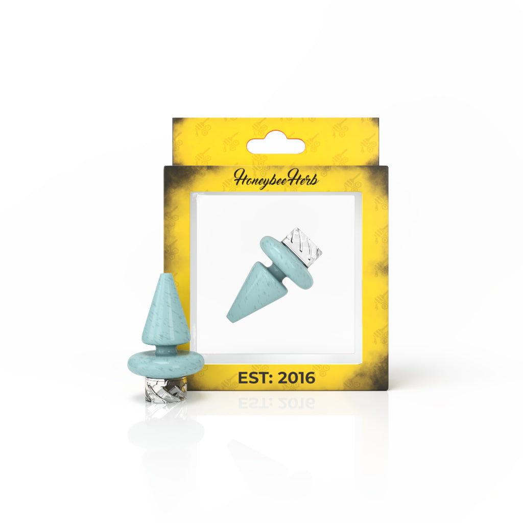 Honeybee Herb Triangle Spinner Carb Cap in Blue for Dab Rigs - Front View on Packaging