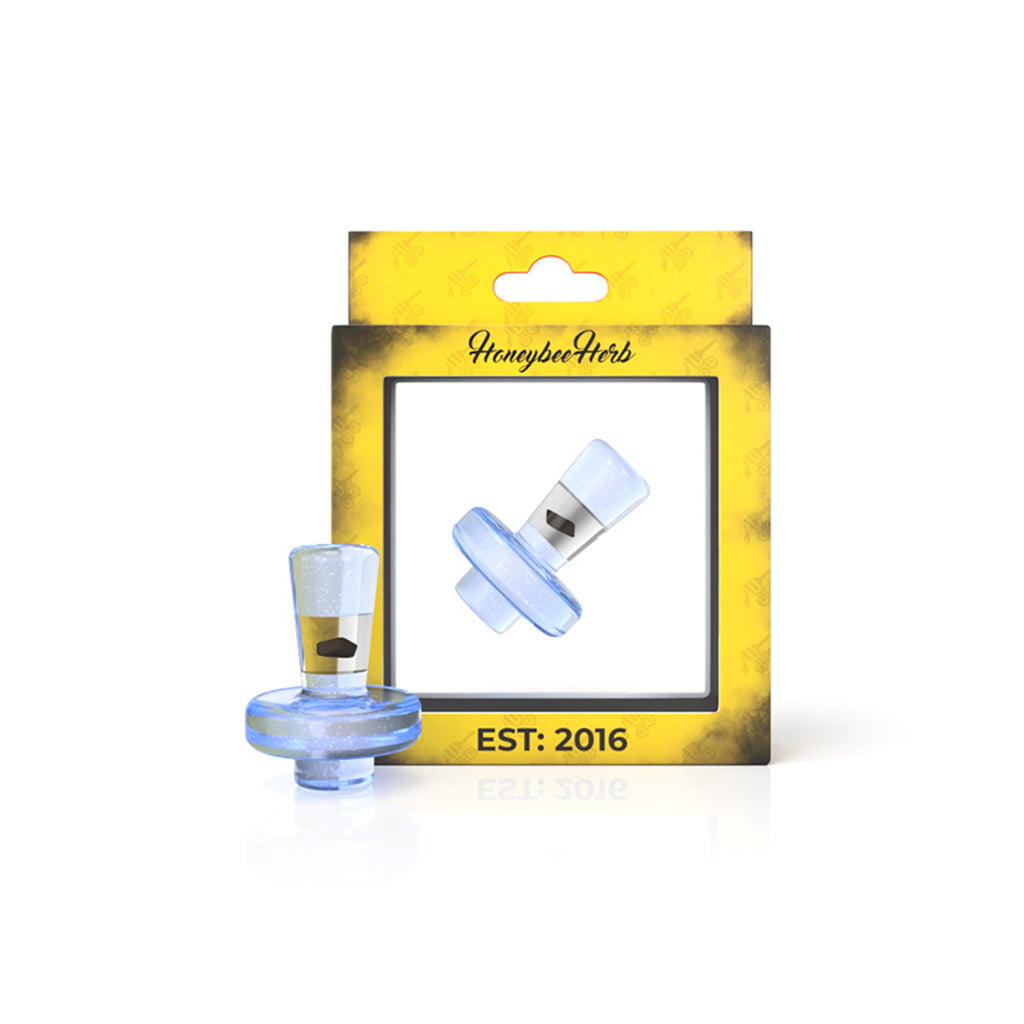 Honeybee Herb Opal Bell Top Terp Slurper Cap in blue for dab rigs, front view on branded packaging