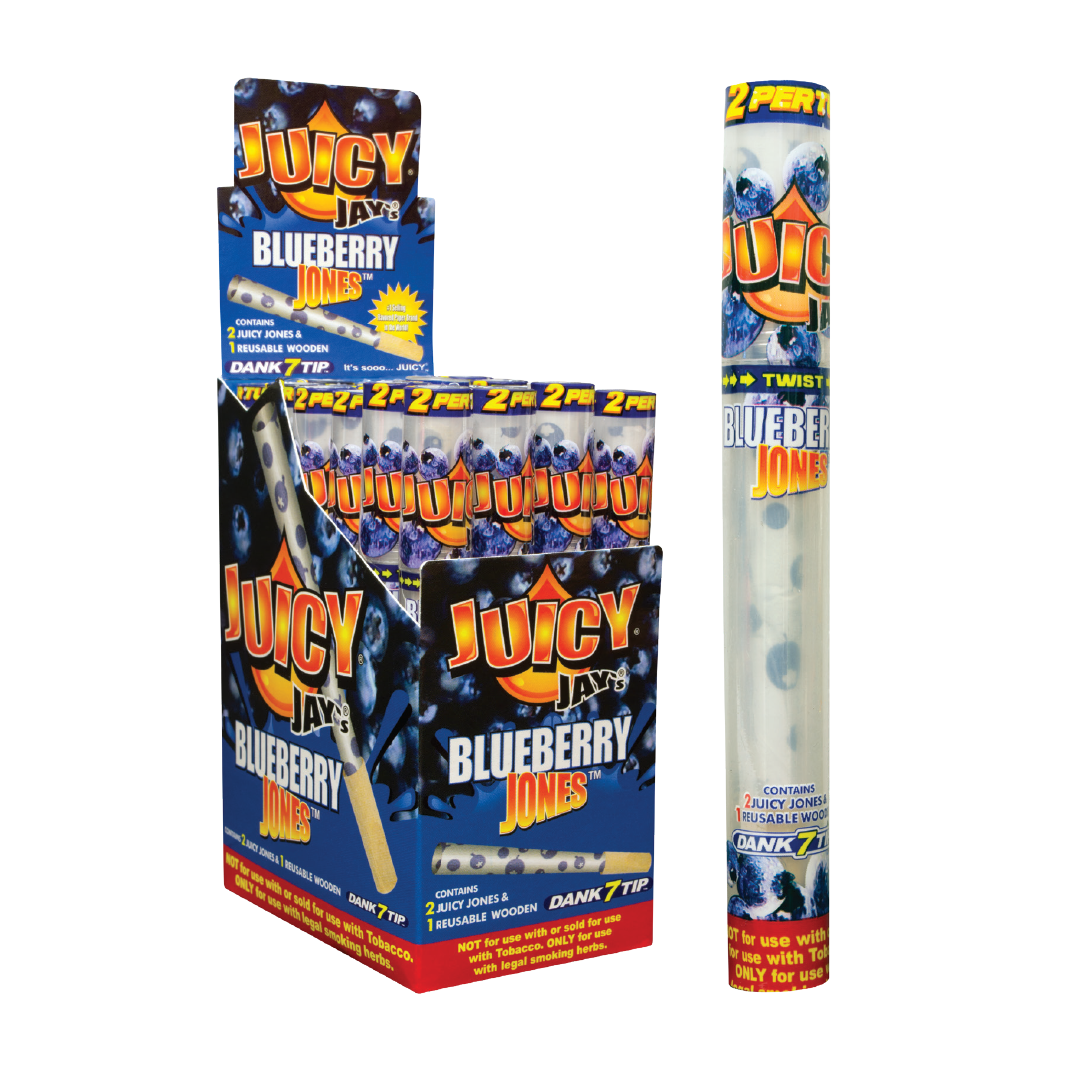 Juicy Jays Hemp & Flax Rolling Cones 24pk Blueberry with Reusable Tips displayed