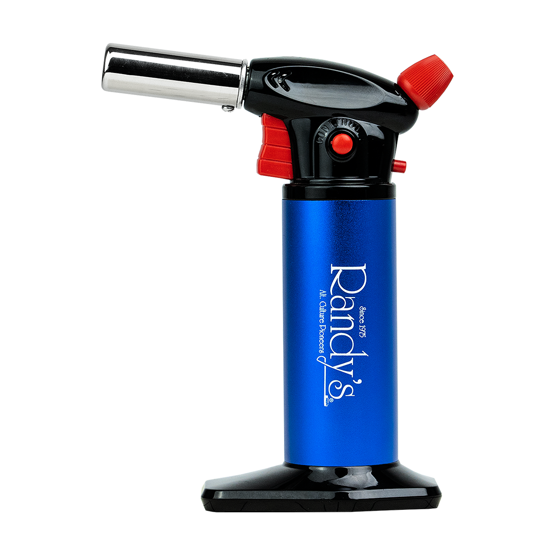Randy's Blue Butane Torch with Lock Feature for Dab Rigs, Front View on White Background
