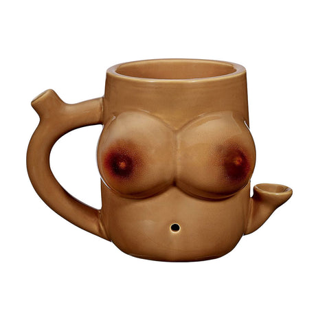 Boob Lovers Ceramic Pipe Mug in Brown, 12oz capacity, front view on a seamless white background