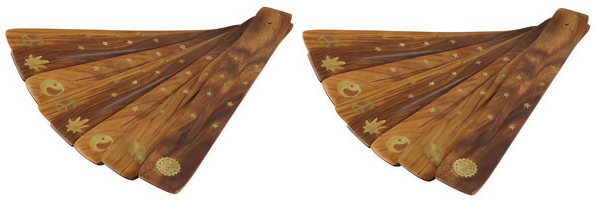 12-pack Brass Inlay Wooden Incense Burners with ornate designs, front view on white background