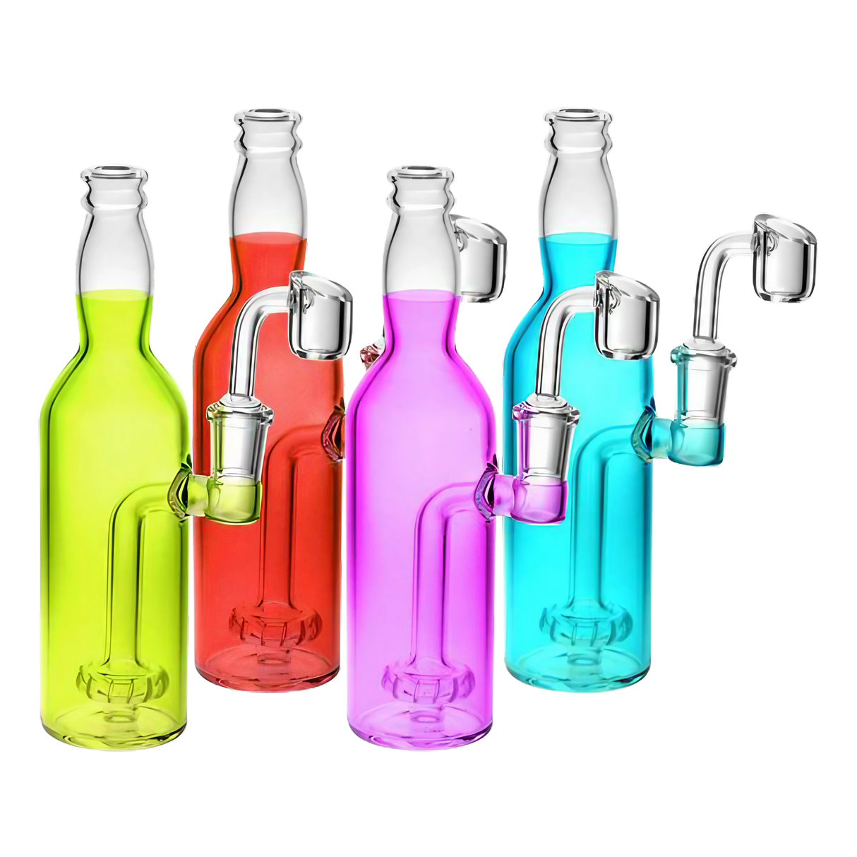 Assorted colorful Bright Soda Bottle Oil Dab Rigs with showerhead percolators, 7.5" tall