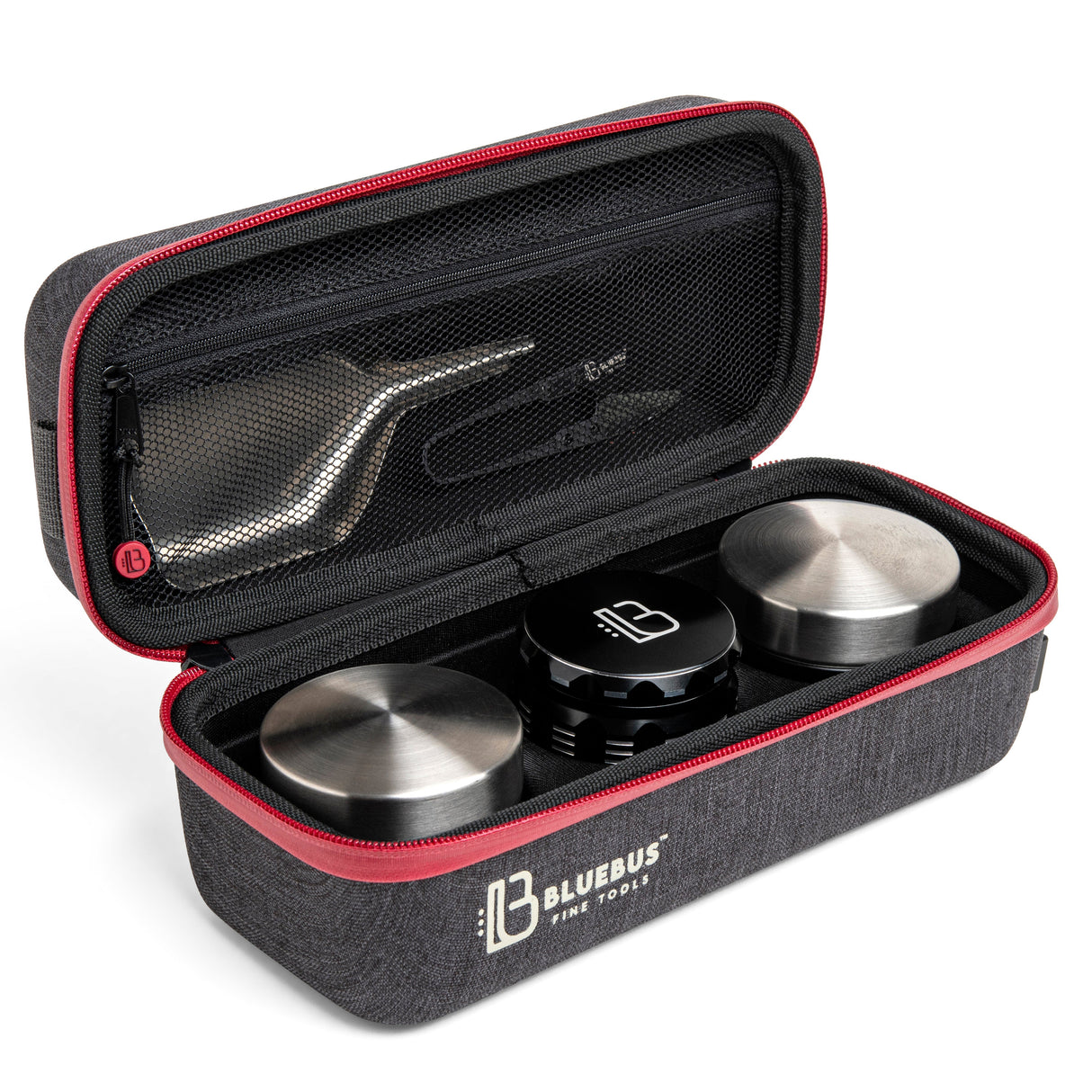 BULLDOG Smell Proof Stash Bag by Blue Bus Fine Tools, open view showing compartments and zipper