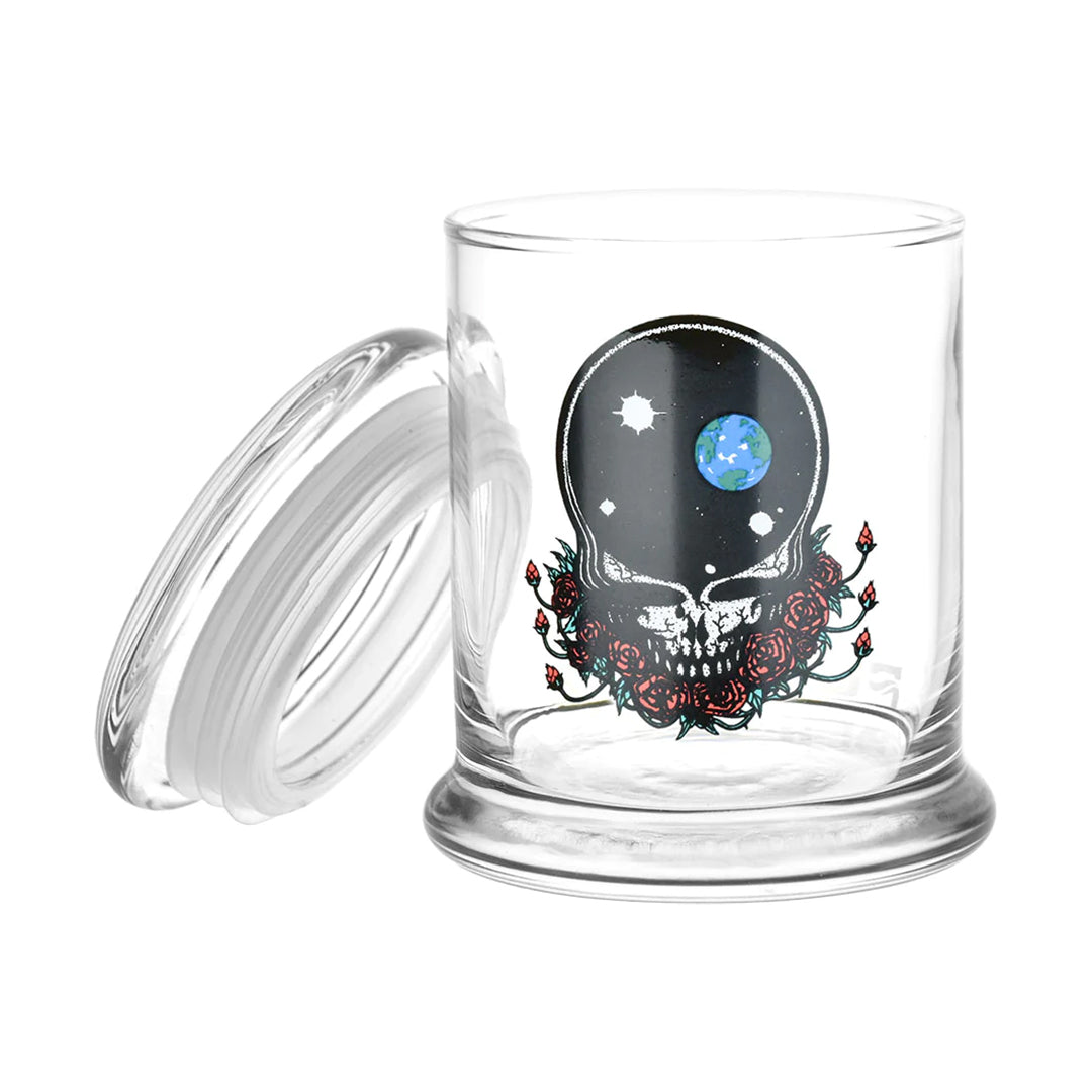 Grateful Dead x Pulsar Glass Pop Top Jar with Skull Design - Front View
