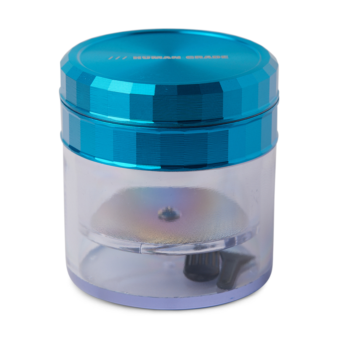 Human Grade Storage Grinder 1A in Light Blue, 2.5" with Transparent Chamber, Front View