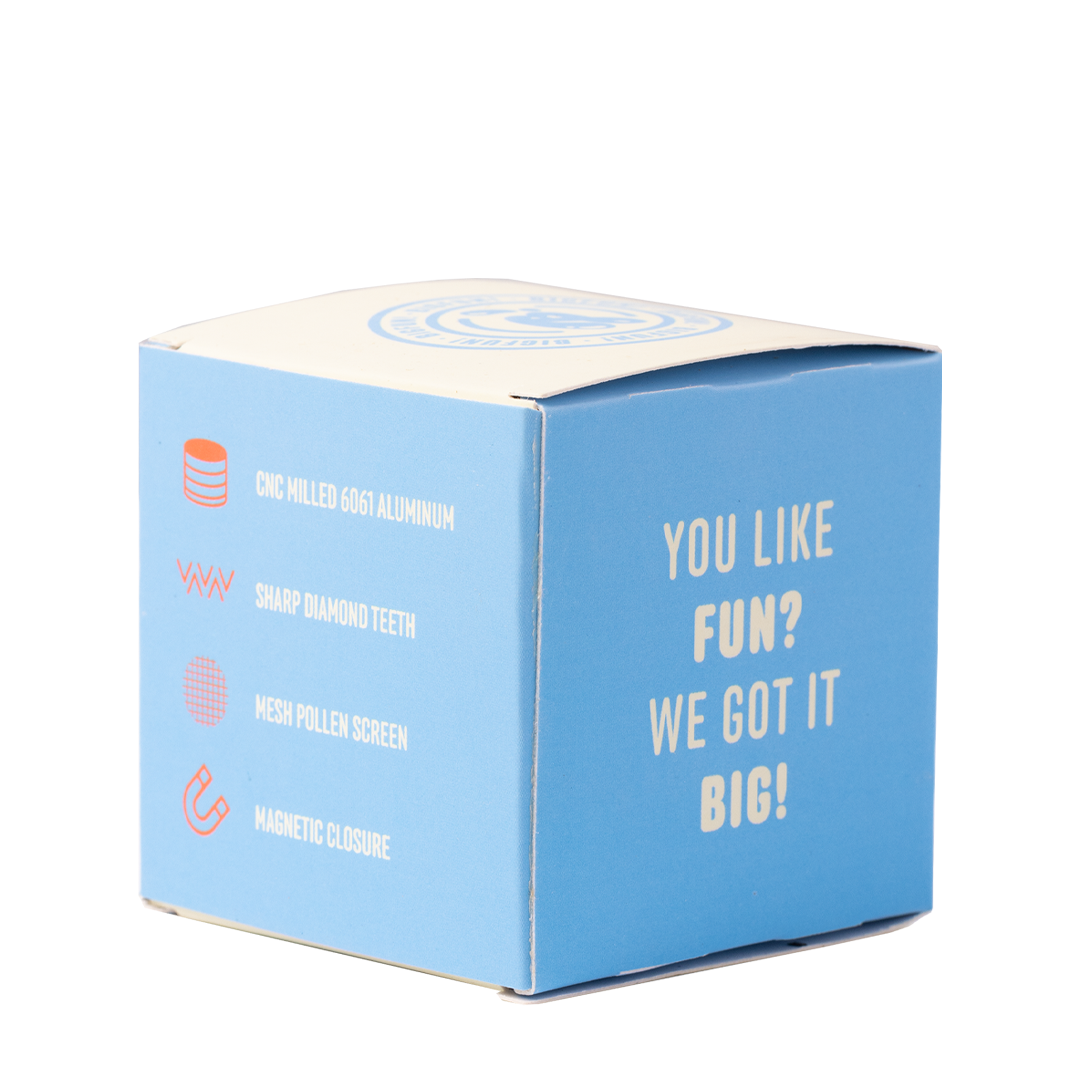 BigFun! 2.2" Medium Aluminum Grinder packaging, highlighting diamond teeth and pollen sifter