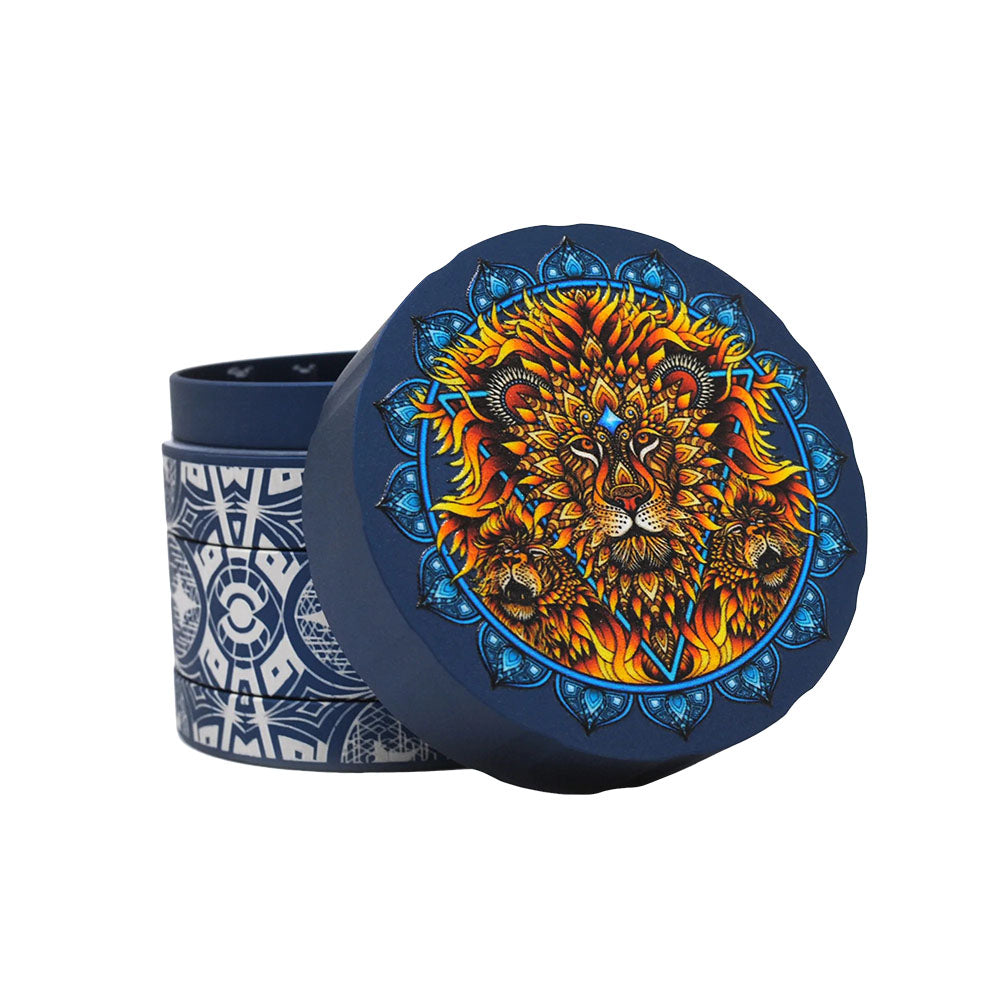 Cali Crusher Homegrown Phil Lewis Lion Grinder, 4pc metal with vibrant lion design, top view