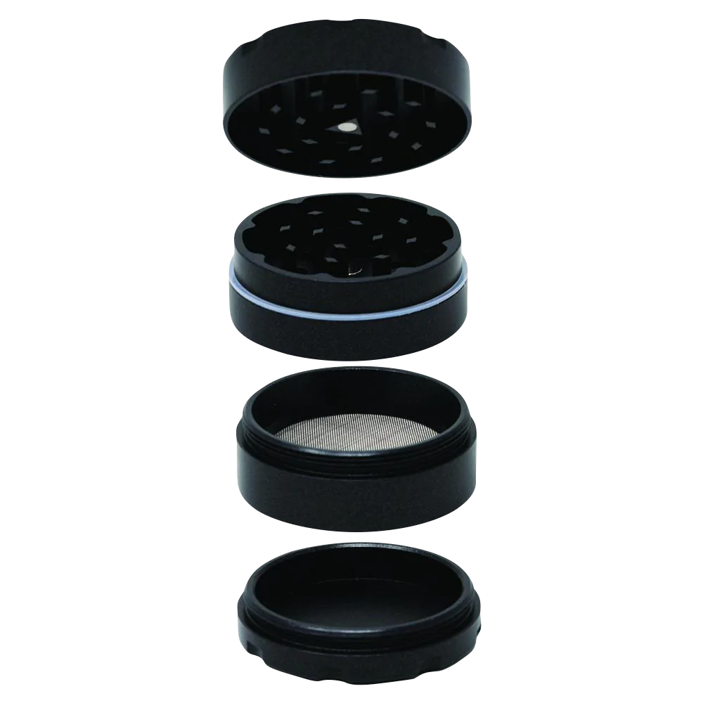 Cali Crusher OG Slick 4-Piece Nonstick Grinder in black with textured grip, exploded view