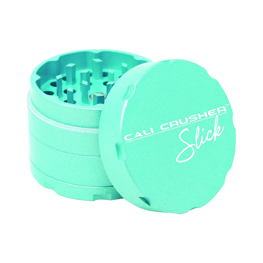 Cali Crusher OG Slick 4-Piece Nonstick Grinder in Teal, Top and Side View