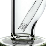 Close-up of Calibear Sol Straight Tube bong with heavy wall clear glass and intricate detailing