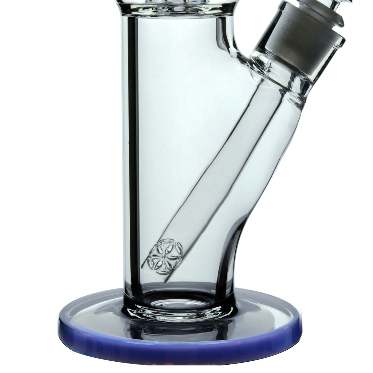 Calibear Sol Straight Tube bong in clear glass with blue accents, side view on white background