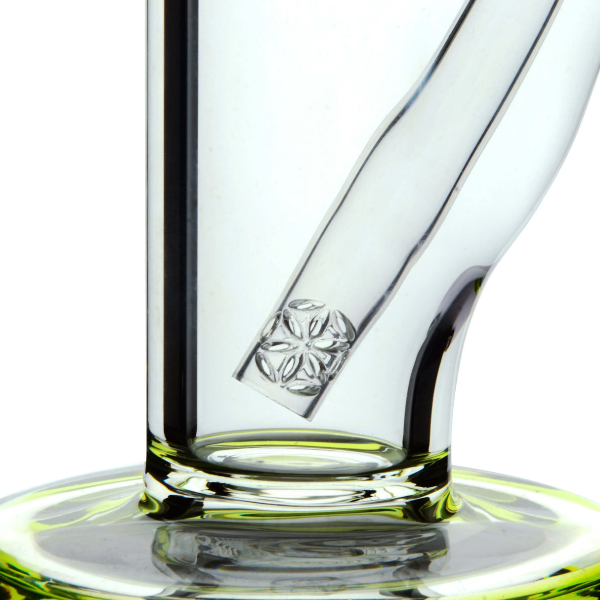 Close-up of Calibear Sol Straight Tube bong with thick glass and green accents