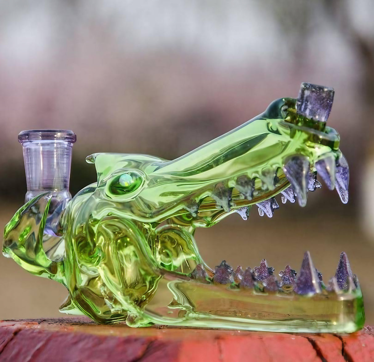 Calibear Wolf Head Dab Rig with Pinhole Perc in Green & Purple - Side View