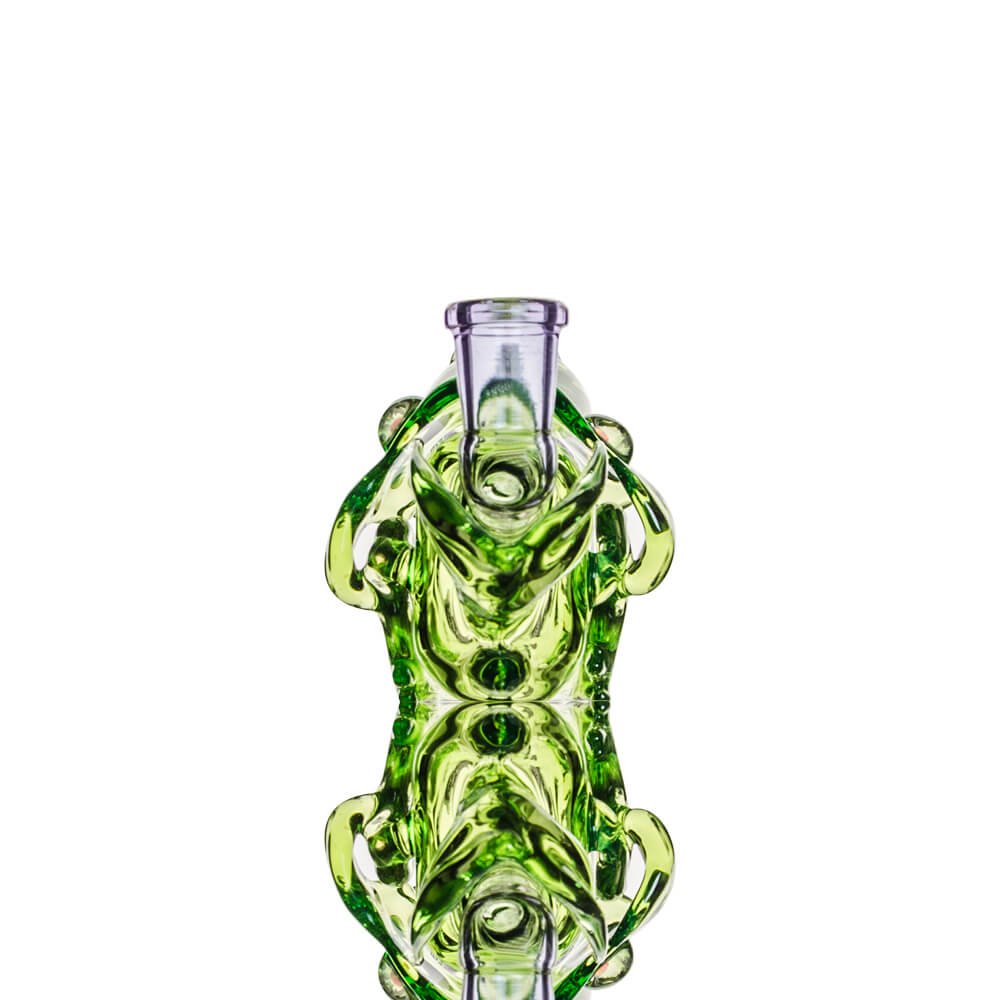 Calibear Wolf Head Dab Rig in Green - Front View with Intricate Glass Detailing