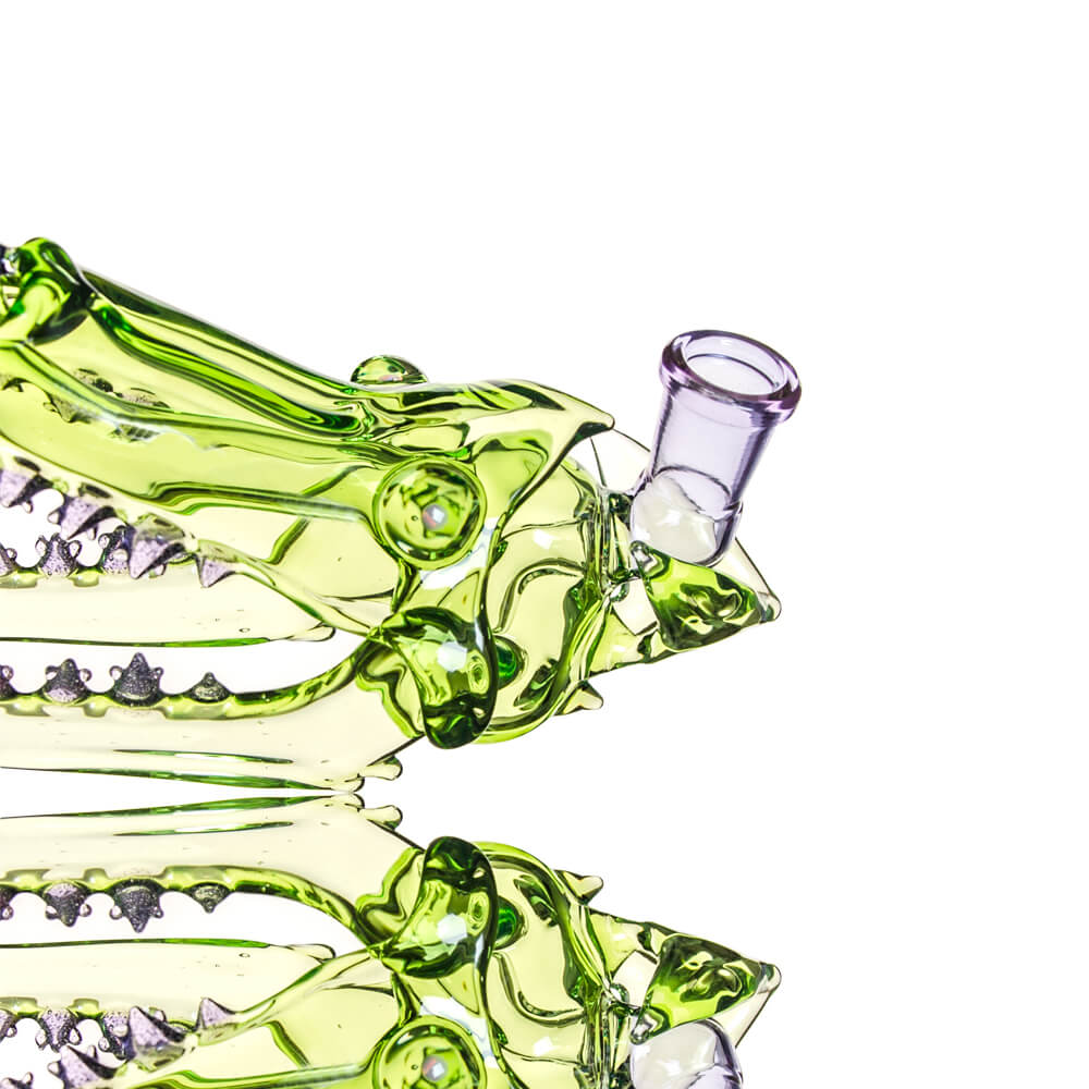 Calibear Wolf Head Dab Rig in Green - Close-Up Side View with 14mm Joint