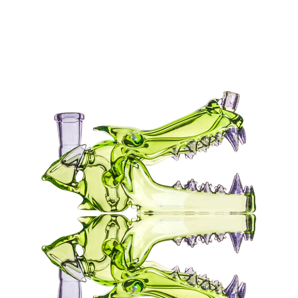 Calibear Wolf Head Dab Rig in Green - Side View with Intricate Details