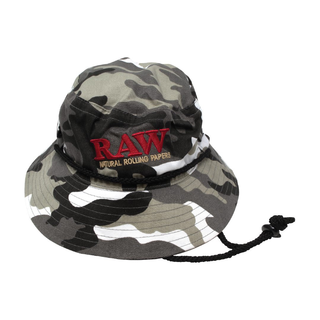 RAW Camo Bucket Hat with Black Logo - Cotton Material, Angled Front View