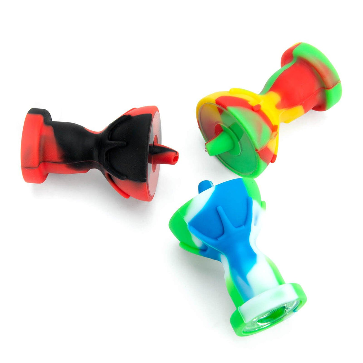PILOT DIARY Silicone Carb Caps in red-black, rasta, and blue-green with Glass Bowl Screens