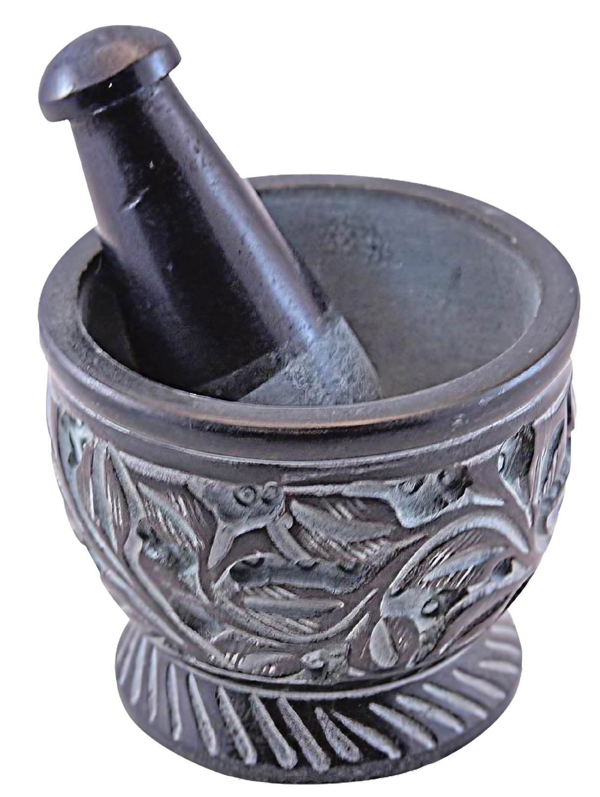 Carved Flower Soapstone Mortar & Pestle, Medium Size, Intricate Design, Front View