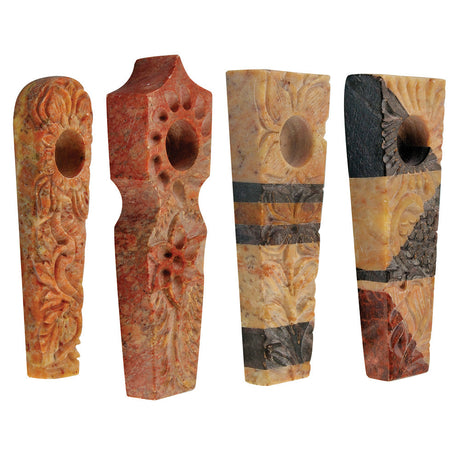 Assorted carved marble stone pipes, 3.25" compact design, for dry herbs, front view