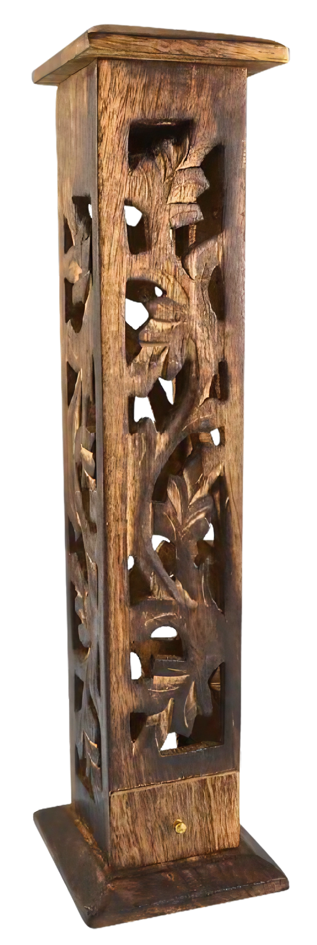 Carved Wood Square Tower Incense Burner with intricate leaf design, 12-inch height, front view