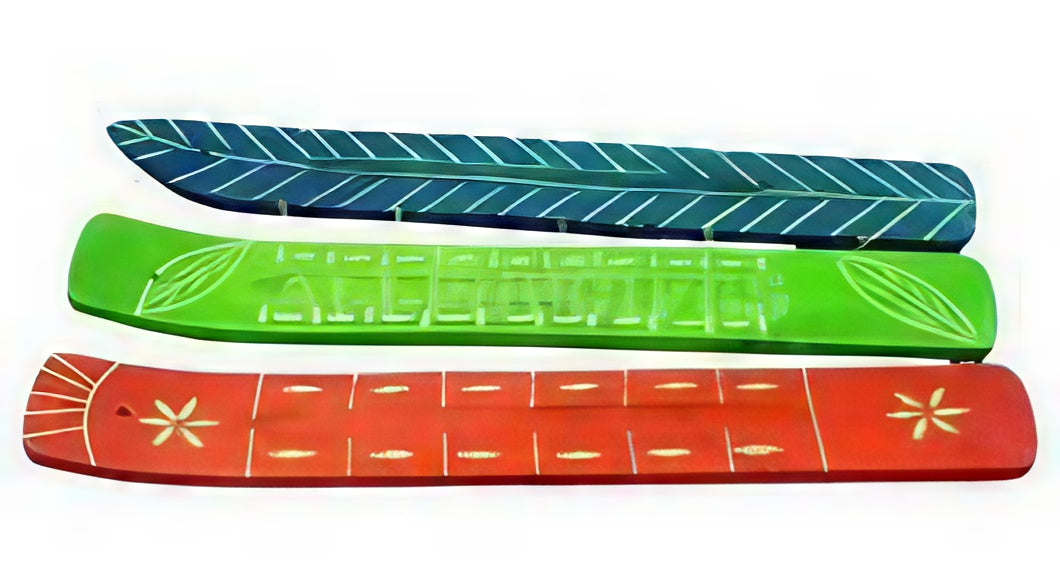 Carved Wooden Incense Burners in red, green, and blue with decorative patterns, top view