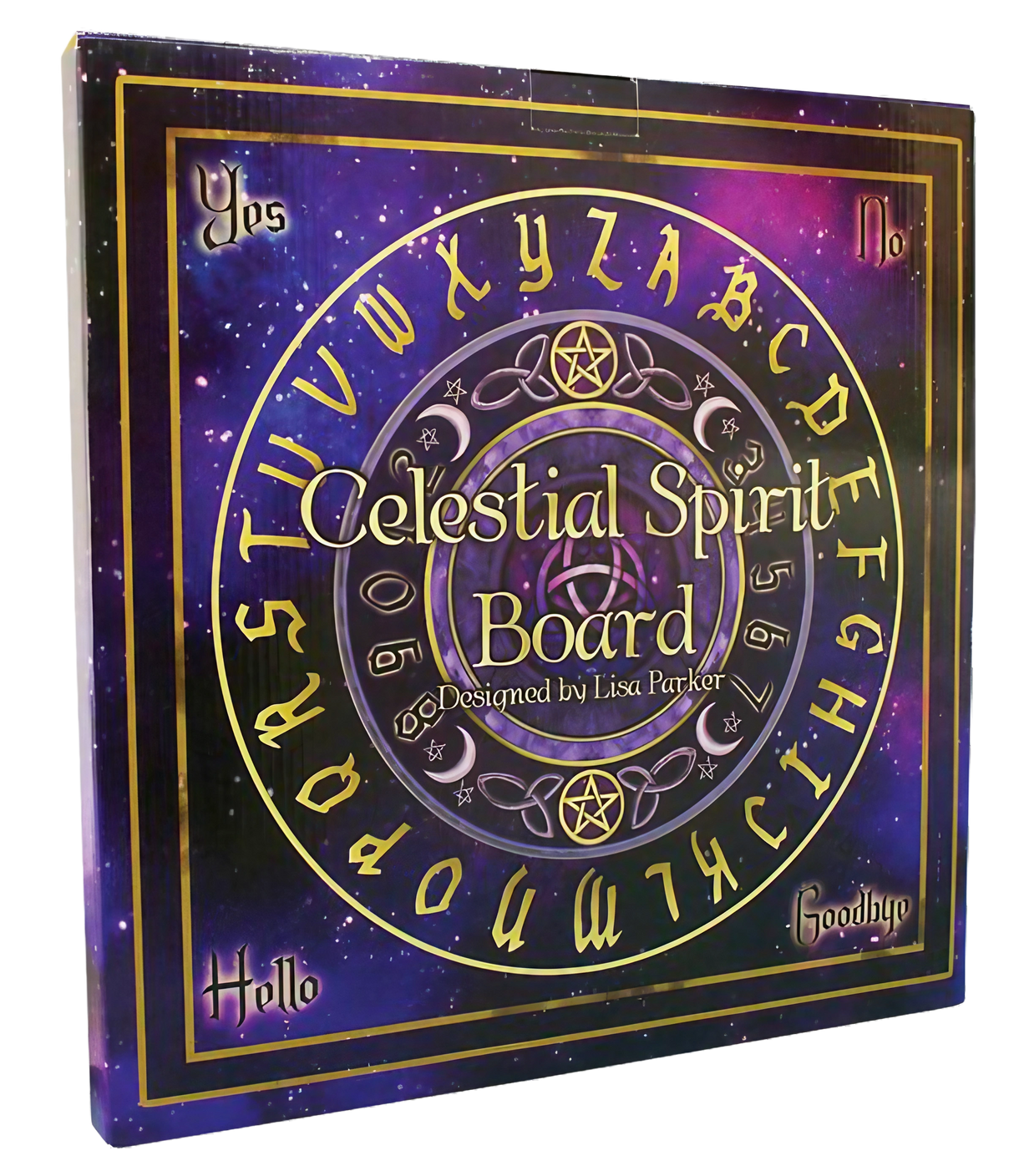 Lisa Parker Celestial Spirit Ouija Board, 14.5" Wood with Gold & Purple Design, Front View