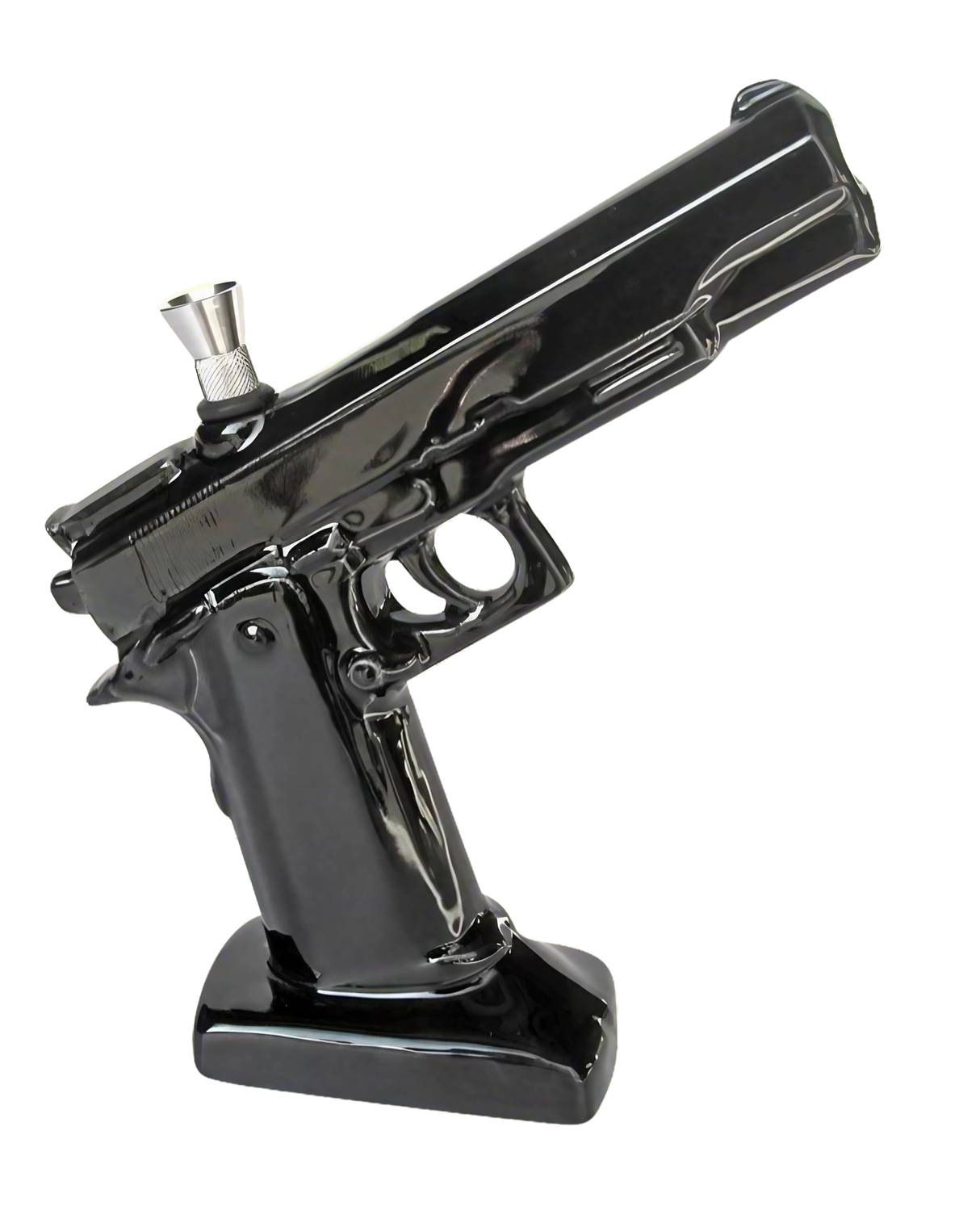 Black Ceramic .45 Pistol Shaped Water Pipe, 8.5" with Slit-Diffuser Percolator for Dry Herbs