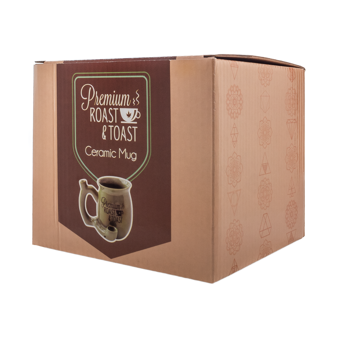 Fantasy Ceramic Mug Pipe in box, front view, with 'Premium Roast & Toast' print for novelty gifting