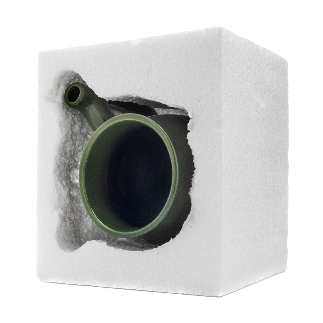 Fantasy Ceramic Mug Pipe in Styrofoam Packaging, Top View, Novelty Gift