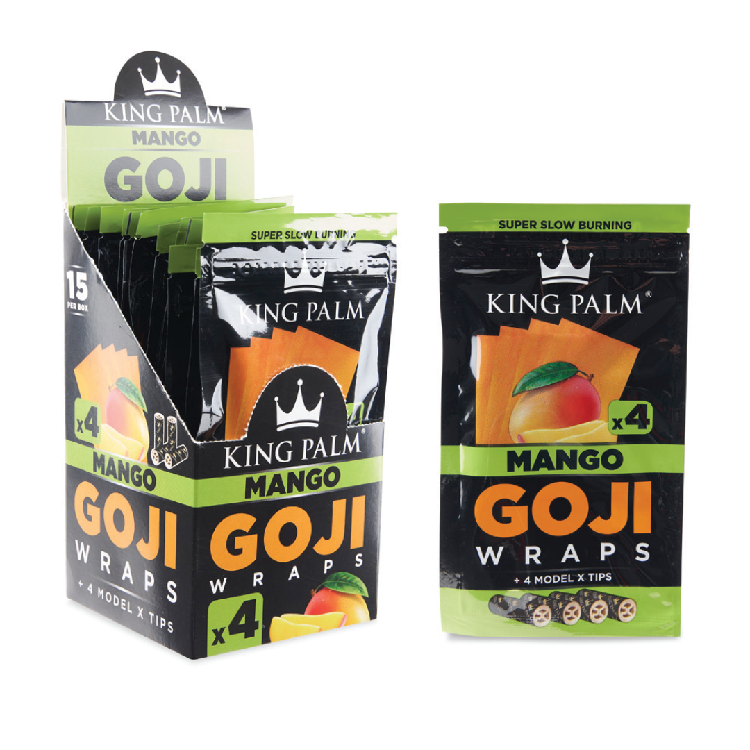 King Palm Mango Goji Wraps displayed in box and pack, front view, super slow burning with 4 model tips