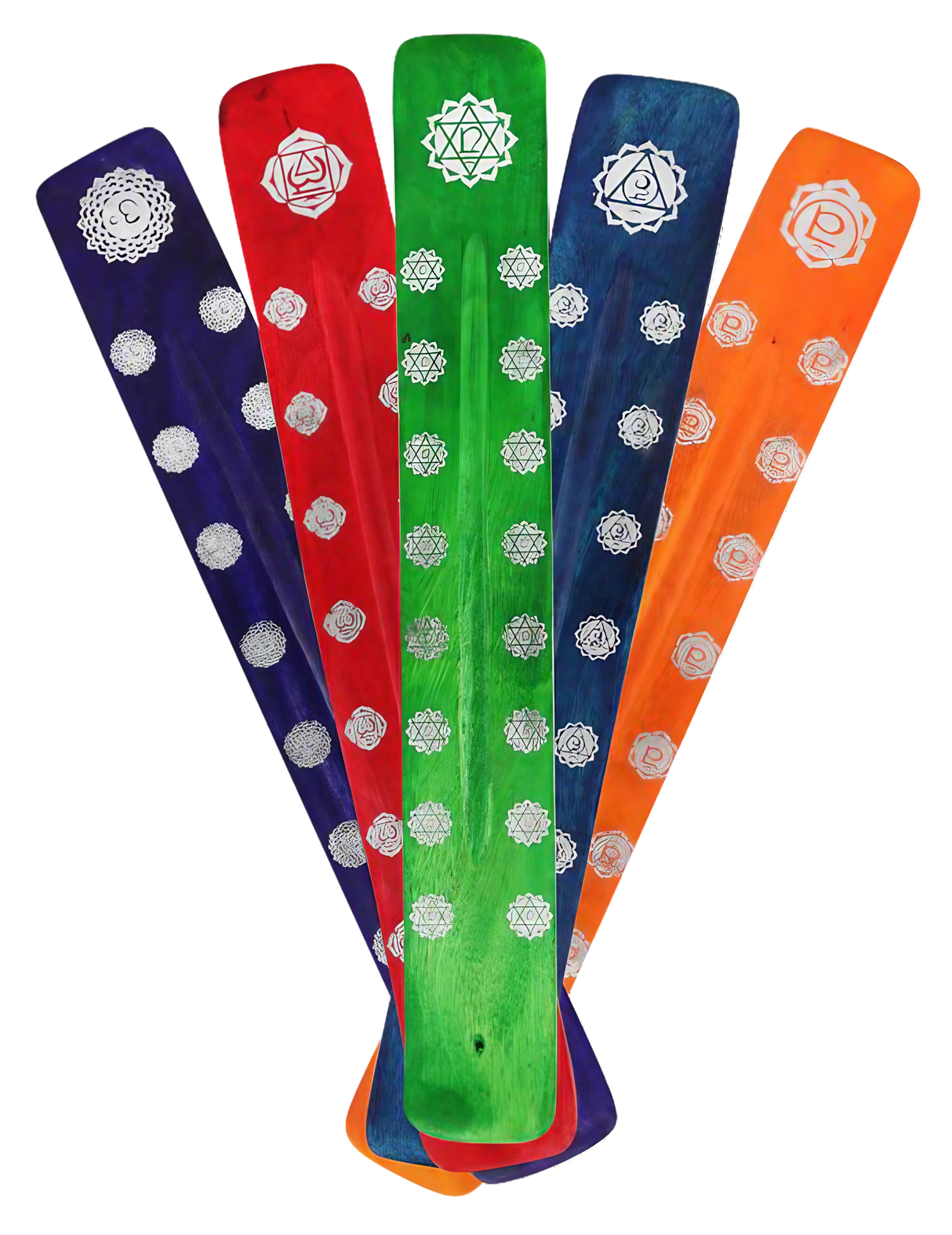Chakra Colors 10" Wooden Incense Holders, 7 Pack, Front View on Striped Background
