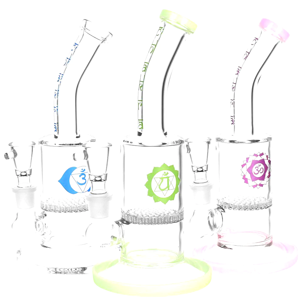Chakra Focus Honeycomb Perc Water Pipes in 8" height, 14mm joint, front view, with color accents